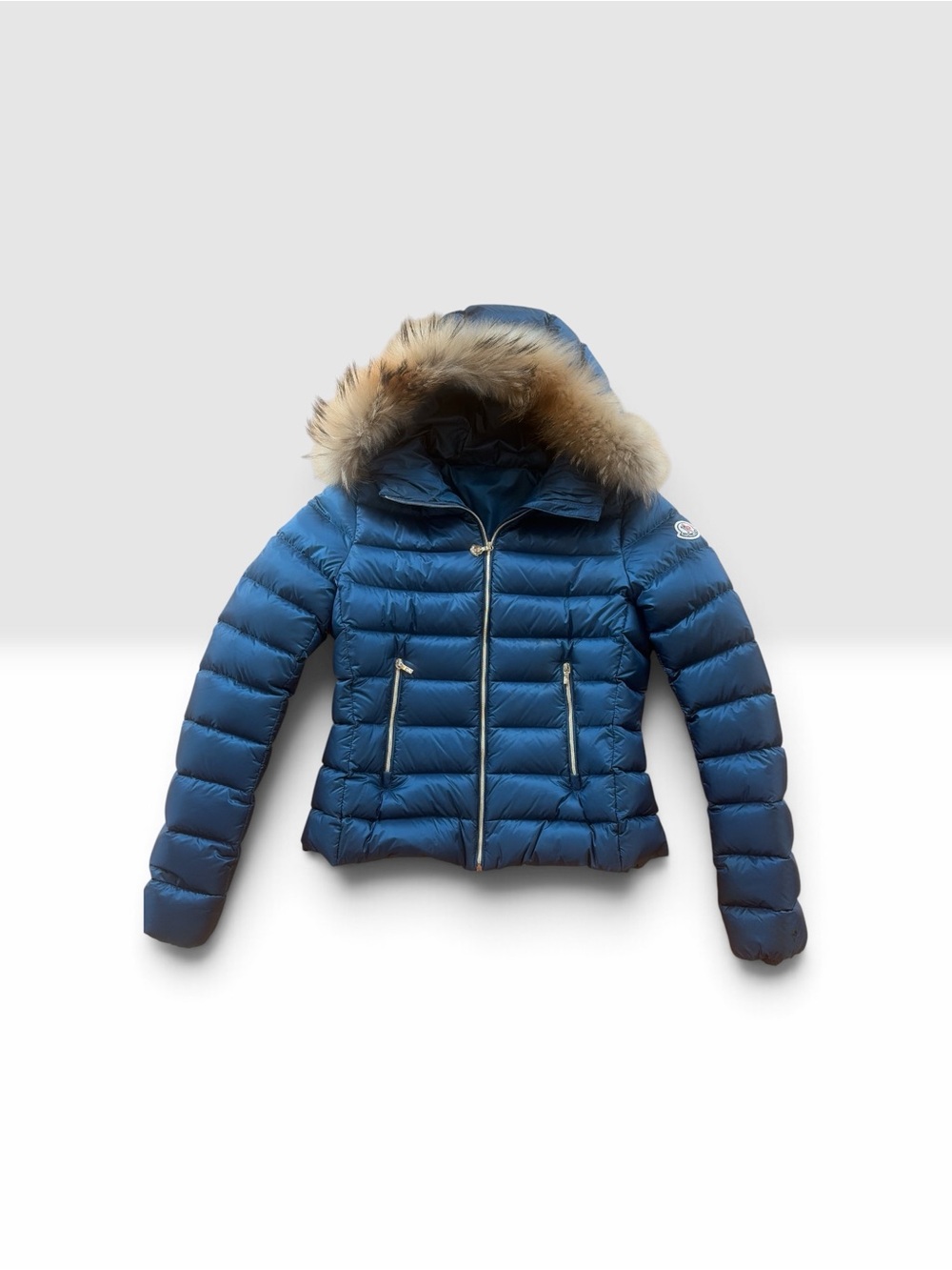 Moncler Girl’s Blue Quilted Down Puffer Jacket with Fur-Trim Hood
